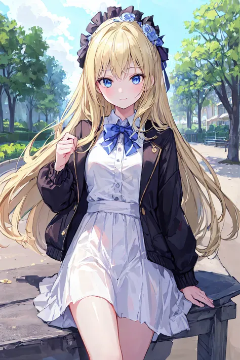 masterpiece, Highest quality, One girl, beautiful, Are you okay, delicate, Very complicated, detailed, Blonde, Jacket, blue eyes, ((masterpiece)), extremely detailed, Highest quality, High resolution, ((at the park)), Bridget, smile,  、Small breasts