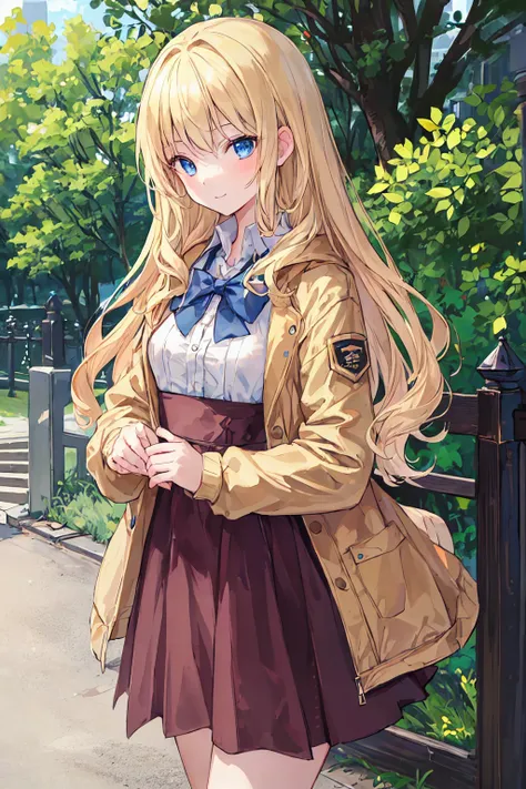 masterpiece, Highest quality, One girl, beautiful, Are you okay, delicate, Very complicated, detailed, Blonde, Jacket, blue eyes, ((masterpiece)), extremely detailed, Highest quality, High resolution, ((at the park)), Bridget, smile,  、Small breasts