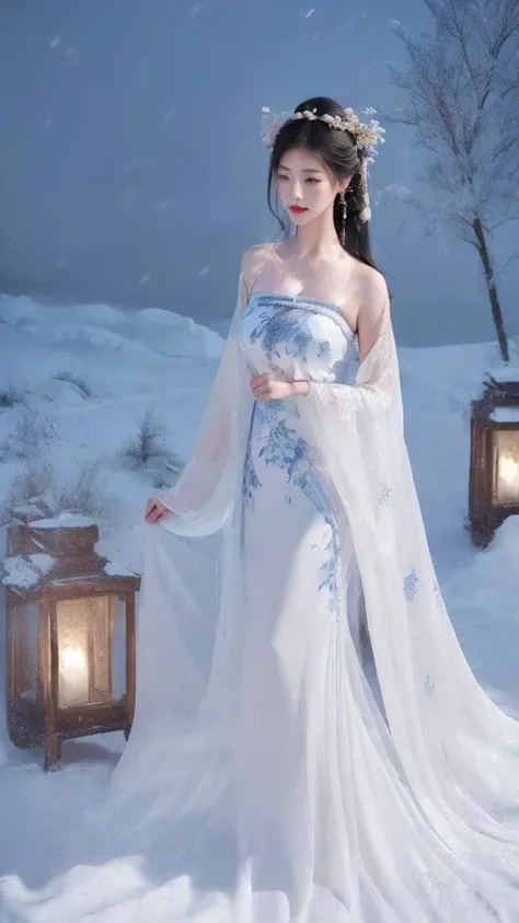 Prompt: A beautiful woman in traditional Chinese attire, standing gracefully in a snow-covered landscape, detailed facial features, delicate long eyelashes, long black hair adorned with floral hairpins, flowing white dress with intricate blue embroidery, e...