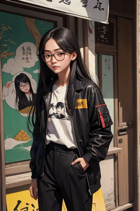 Girl standing outside, Wear glasses, Wearing a black jacket, ((Long Hair)), Paintings inspired by Zou Jie, tumbler, realism, Chen Xintong, Around 19 years old, Cheechawan, Huang Huifeng, Jeron Hsu, Zhang Xiaofan, Zhangpeng Town, Mongen, Yi Haoren, Zhezhou ...