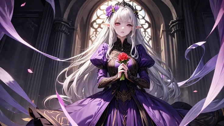 One girl, dark elf, age 42, (pale gray skin), long lavender hair, elegant dark violet dress, gold designs on her sleeves, disappointed expression, holding a red flower, looking at the flower