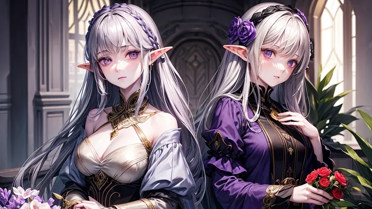 One girl, dark elf, age 42, (pale gray skin), long lavender hair, elegant dark violet dress, gold designs on her sleeves, disappointed expression, holding a red flower, looking at the flower