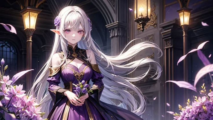 One girl, dark elf, age 42, (pale gray skin), long lavender hair, elegant dark violet dress, gold designs on her sleeves, disappointed expression, holding a red flower, looking at the flower