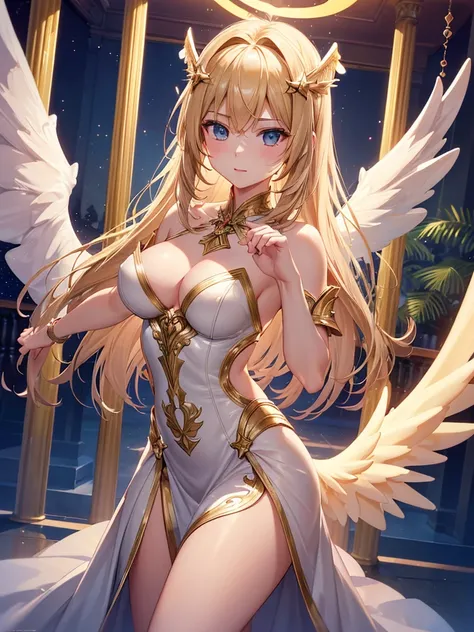 ((best quality)),(Ultra-high resolution),(Super detailed),(Detailed description),((Best CG))(Fantasy art with precise details:1.5), European classical long dress，(1 Female Angel:1.6),Angel翅膀，Poker face:1.4,Long hair flying:1.3,Angel;swing:1.5,Dynamic poses...