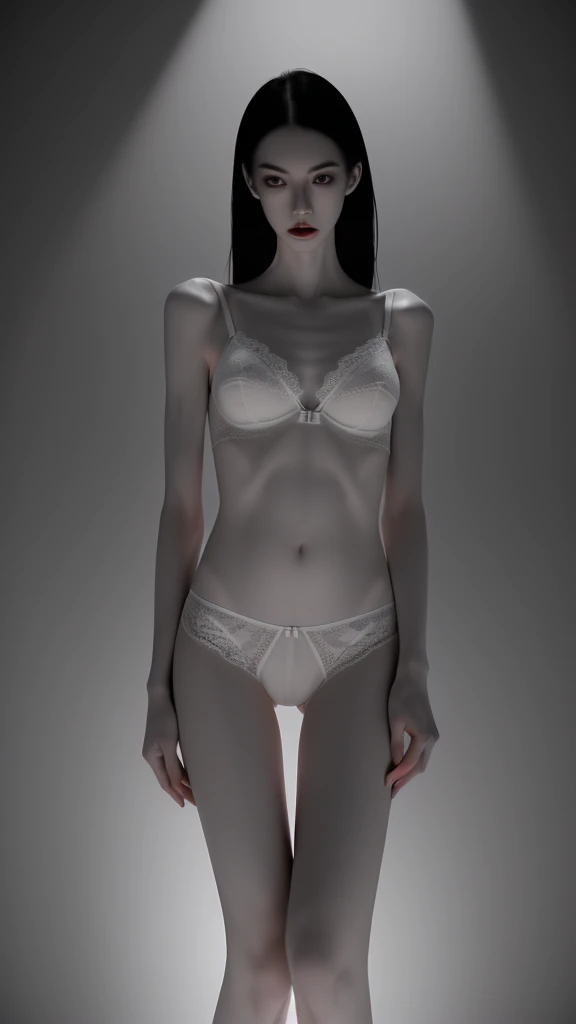 a very thin woman, extremely slender, visible bones, pale white skin, lace panties, lace bra, tattoo, sweaty body, full body shot, high quality, photorealistic, cinematic lighting, dramatic pose, chiaroscuro, 