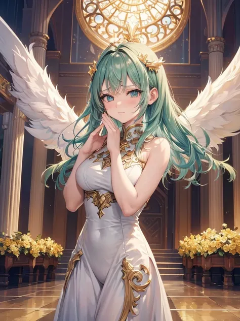 ((best quality)),(Ultra-high resolution),(Super detailed),(Detailed description),((Best CG))(Fantasy art with precise details:1.5), European classical long dress，(1 Female Angel:1.6),Angel翅膀，Poker face:1.4,Long hair flying:1.3,Angel;swing:1.5,Dynamic poses...