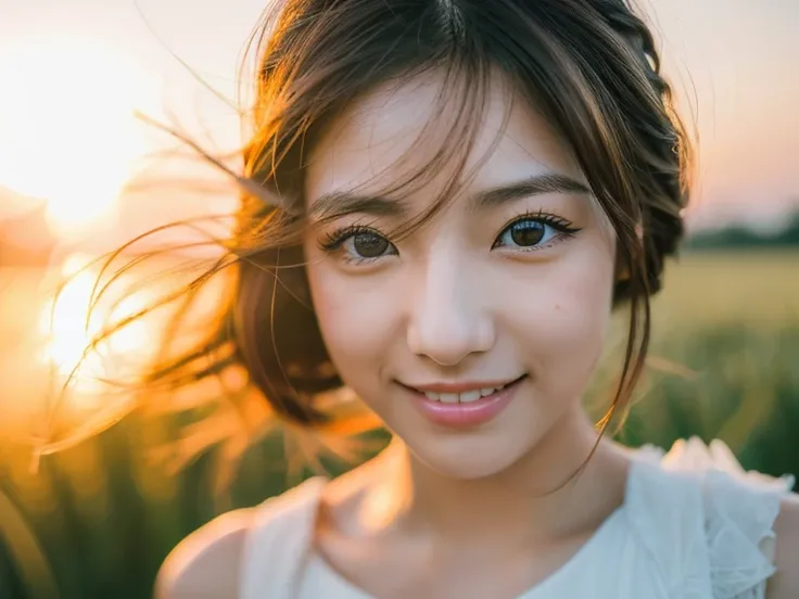 Japanese beautiful girl, ((Fisheye Lens, )) wind, sunset, Wheat field、, (Aesthetics and atmosphere:1.2),Smiling beautiful woman、8K、ultra HD、woman1 person((highest quality, 8K, masterpiece: 1.3)), woman (Wearing a white dress), Dancing,Sharp focus: 1.2, cut...