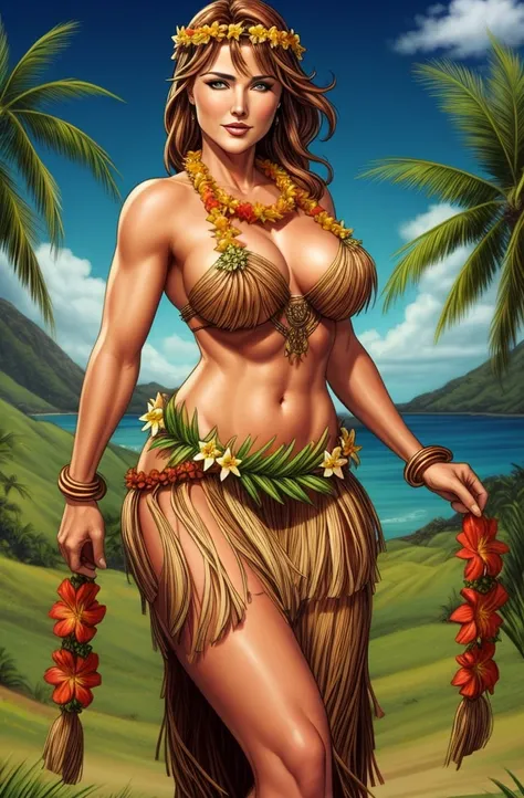 Lucy Lawless wearing a garland of flowers, long brown hair, girl wearing a lei, grass skirt