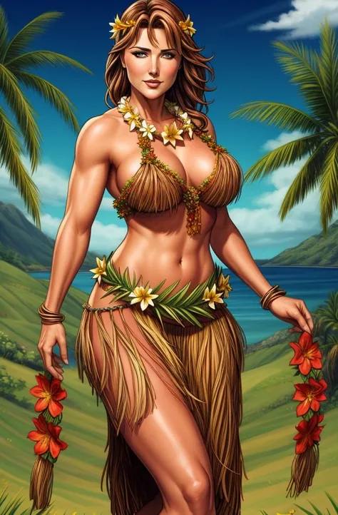 Lucy Lawless wearing a garland of flowers, long brown hair, girl wearing a lei, grass skirt