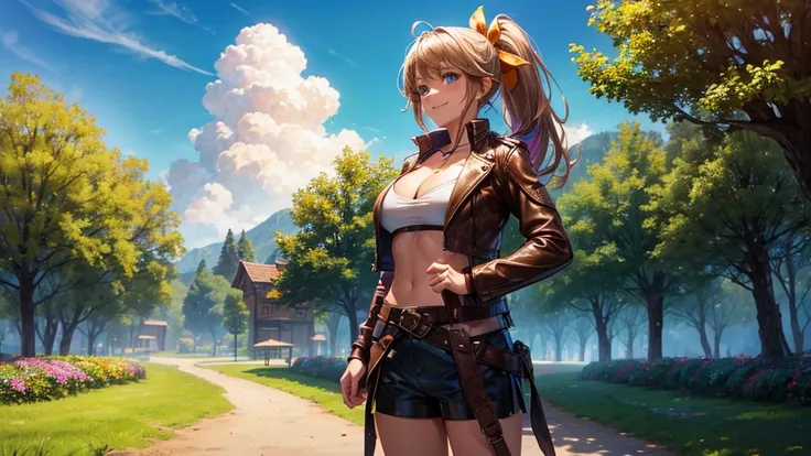 1girl, solo, full body, summer, village, trees, sun, clouds, fantasy, medieval, ((colorful hair)), ponytail, large full breasts, ((brown leather jacket)), brown leather shorts, ((leather clothes)), cleavage 1:3, blue eyes, skirt, smile, looking at the view...