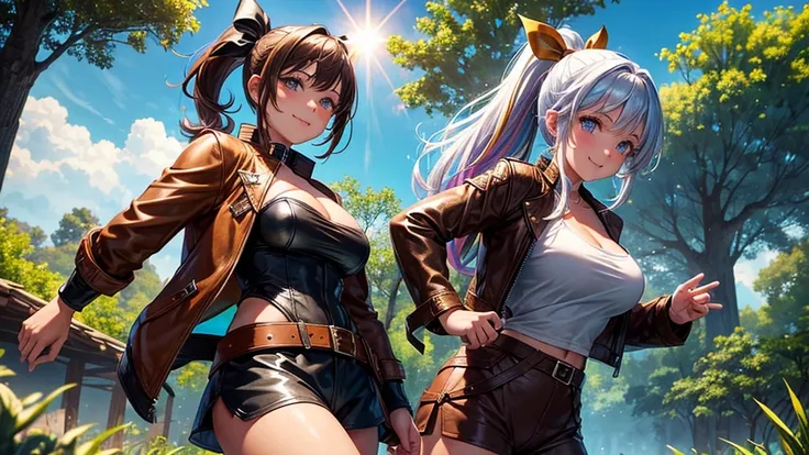 1girl, solo, full body, summer, village, trees, sun, clouds, fantasy, medieval, ((colorful hair)), ponytail, large full breasts, ((brown leather jacket)), brown leather shorts, ((leather clothes)), cleavage 1:3, blue eyes, skirt, smile, looking at the view...