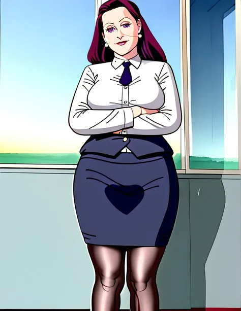 (masterpiece:1.37), best quality, (extremely detailed:1.37), office, window overlooking a bustling cityscape, woman, (mature:1.75), (very long hair:1.25), dark purple hair, purple eyes, (extremely detailed eyes:1.37) shining eyes, breasts, business suit, n...