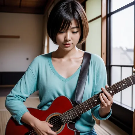 A perfect short-haired Japanese woman playing the guitar in a large room