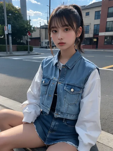 Highest quality, masterpiece, Ultra-high resolution, (Realistic:1.4), RAW Photos, One girl, Upper Body, Sitting, Deep Shadow, Dark Theme、White long sleeve jacket、Brown Bob Hair、Brown ponytail、Denim mini skirt、Denim sleeveless