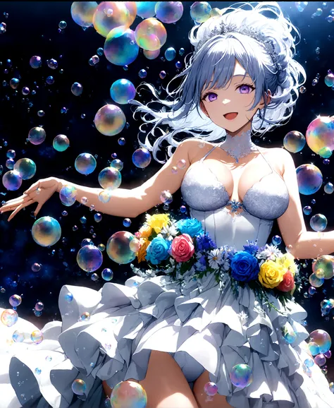 ((32k)), ((best quality)), ((ultra high res)), ((HDR)), ((UHD)), ((extremely detailed CG)), ((unity 32k wallpaper)), (((beautiful girl))), (((beautiful face))), (((white bikini))), ((((Wedding dress)))), light blue hair, purple eyes, ((cowboy shot)), ((((l...