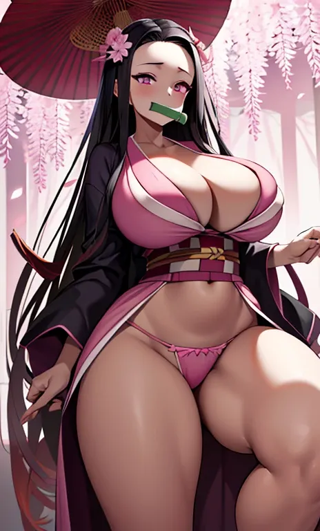 masterpiece, (pink kimono), seductive face, good lighting, décolleté, fine details, masterpiece, glowing eyes, 1girl, black hair, gag, bamboo, Nezuko Kamado, wisteria background, masterpiece, best quality, POV, whole body, wide hips,clothes open enormous m...