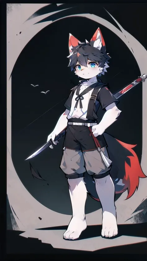 White Wolf，black hair，Sky blue eyes，hairy，Wolf ears，Wolf tail，Full body portrait，The character is in the center of the frame，Handsome，Confident eyes，male，juvenile，Black and white combat uniform，Red neck bib，Black shorts，Short sleeve，hairy arms and legs，Dar...