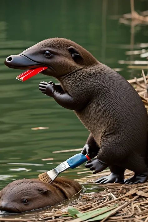 Platypus grabbing paintbrush 