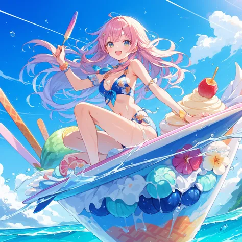 score_9, score_8_up, score_7_up, source_anime,masterpiece, best quality, high resolution, extremely detailed CG, absurdres, highres, 1girl, solo, a girl in swimsuit surfing with a surfboard on top of ice-cream, soft cream,fruits, summer,happy