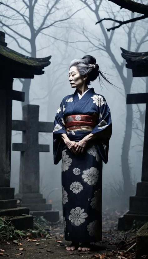 Skull in Japanese kimono。The hairstyle is that of old Japanese women.。Place it in a dark abandoned graveyard or an old haunted house。There is fog and shadow all around.、The eerie, supernatural presence enhances the sense of fear and horror。