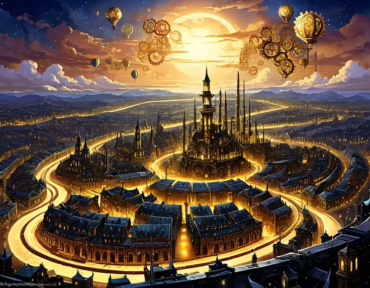 A sprawling steampunk city with gears and steam-powered machinery. The night sky is filled with gears and cogs, and the city below is aglow with warm, industrial lights.