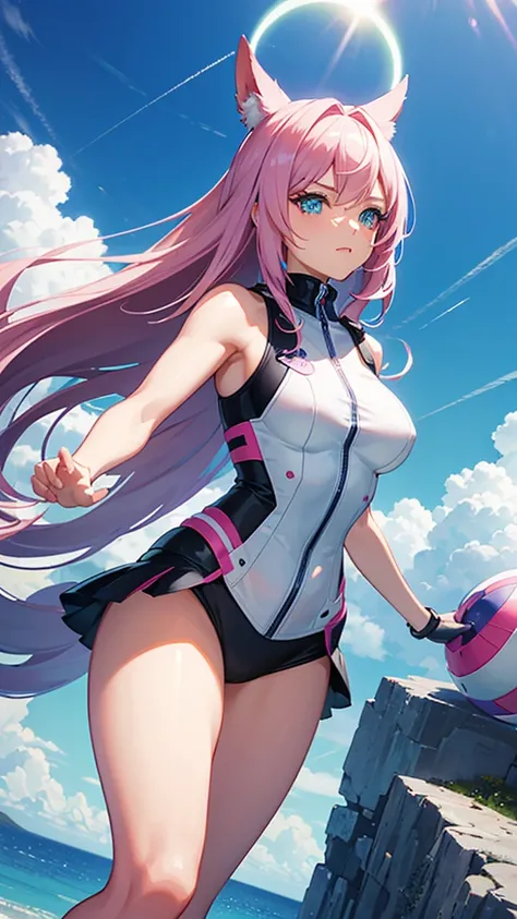 Create a hyper-realistic 3D anime cartoon style image of a beautiful girl with a toned and perfectly detailed fitness body, blue eyes, and a violet-colored astronaut basket., pink and sky blue, With all its equipment in a fantastic environment of vibrant c...