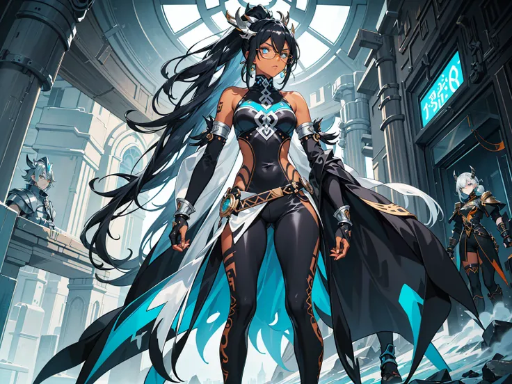 (((conceptual artwork))), (((one caracter))), female, (((darkskin)))), Black hair with ponytail, clear blue eyes, Round glasses with slightly dark lenses, this lens being orange, and the Light Blue frame, ((Black metallic gauntlets and greaves with silver ...