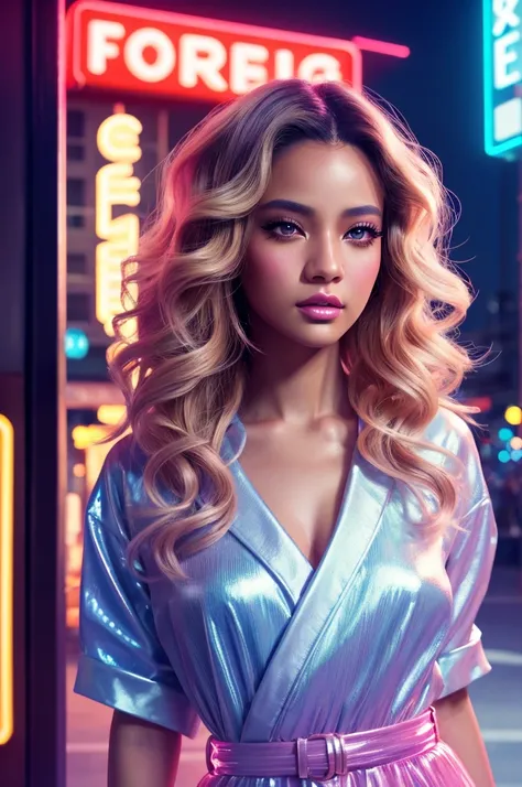 light skinned with model features, glossy lips, light eyes, glamor, bob wavy hair, high street fashion illustrated by aoiro studio and masaaki komori, hyper detailed, neon lights, cinematic lighting, matte painting, illustrated in an oil painting style, tr...