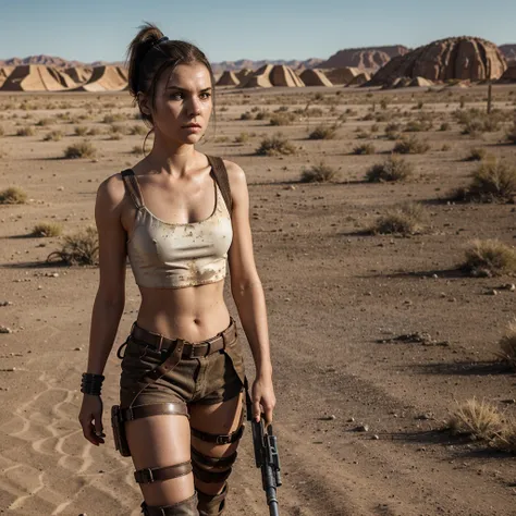 generate a 21 years old young white woman with dark brown ponytail hairstyle, wearing a post-apocalyptic outfit inspired by the movie Furiosa: A Mad Max Saga walking in the desert, looking away from the camera, in the horizon