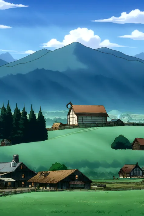 DVD screengrab from studio ghibli movie, (beautiful mountainside farm:1.4), clouds on blue sky, designed by Hayao Miyazaki, retro anime