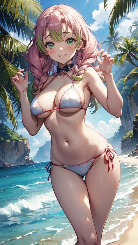 (8K、masterpiece、Highly detailed background、high resolution)、(mitsuri kanroji)、Cleavage、(beach、White Bikini、Swim ring、Gravure pose、Embarrassed smile、Nipple protrusion)