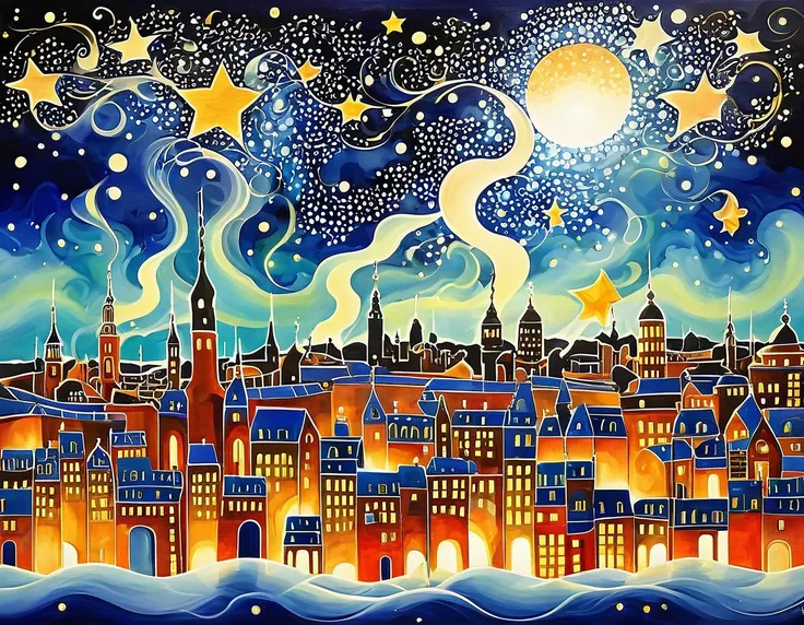 A whimsical scene with cartoonish buildings, exaggerated smoke, and comically oversized stars. The cityscape is depicted with a lighthearted touch.