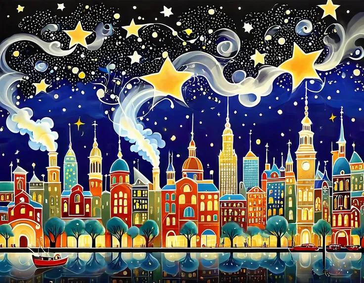 A whimsical scene with cartoonish buildings, exaggerated smoke, and comically oversized stars. The cityscape is depicted with a lighthearted touch.