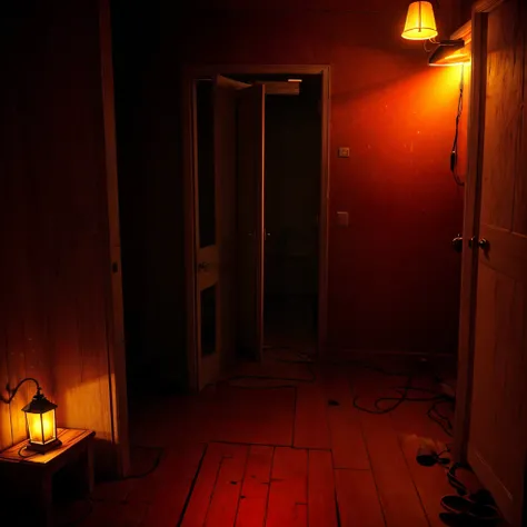 darkness, no furniture,1 dark unlit room, empty room, open door, red light coming from the door , red light coming from the door aberto em um quarto escuro, everything turned off , the door is the source of light, intense red light.