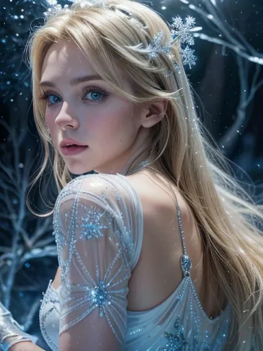 best quality,4k,8k,highres,masterpiece:1.2),ultra-detailed,(realistic,photorealistic,photo-realistic:1.37),sexy,blonde woman,icy powers,translucent,flowing dress,sparkling blue eyes,elegant pose,snowflake patterns,frosty makeup,vivid colors,portrait lighti...