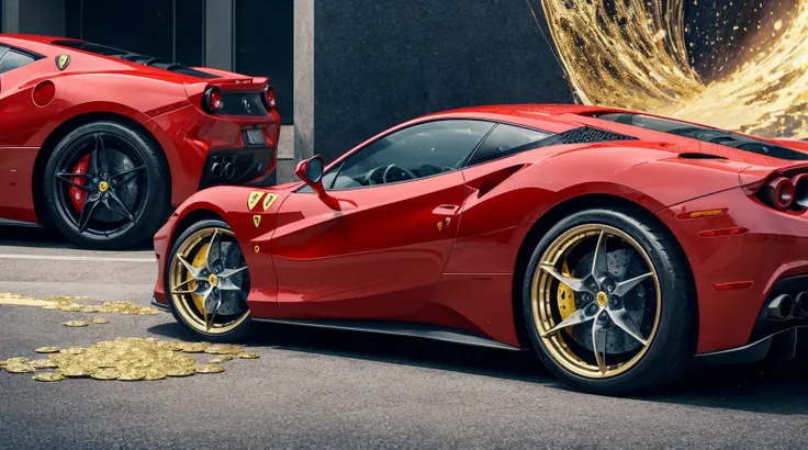 man next to a ferrari, full of gold coins falling from the sky, ultra detailed image, realism, 8k, hyper detailed skin, intense and vivid colors."man next to a ferrari"
