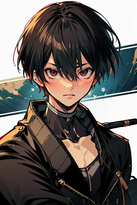 rekkyou sensen,rekkyo sensen, hasuichi nishizono, short hair, black hair, red eyes, boy, male, anime,1boy, bangs, hair between eyes, jacket, looking at viewer, male focus, solo, zipper, black clothes, black gloves, upper body, silver choker, shanghai, chin...