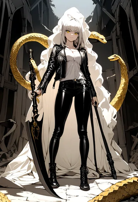 A girl with a scythe in a leather jacket and white flesh stands with a smile and behind her is a large shadow of an evil golden snake