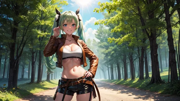 1girl, solo, full body, summer, village, trees, sun, clouds, fantasy, medieval, ((pale green hair)), twintail, large breasts, ((brown leather jacket)), brown leather shorts, ((leather clothes)), cleavage 1:3, blue eyes, skirt, grin, looking at the viewer, ...