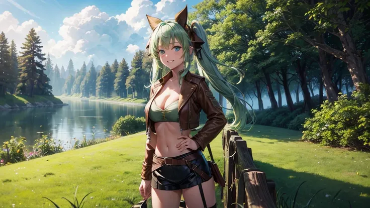 1girl, solo, full body, summer, village, trees, sun, clouds, fantasy, medieval, ((pale green hair)), twintail, large breasts, ((brown leather jacket)), brown leather shorts, ((leather clothes)), cleavage 1:3, blue eyes, skirt, grin, looking at the viewer, ...