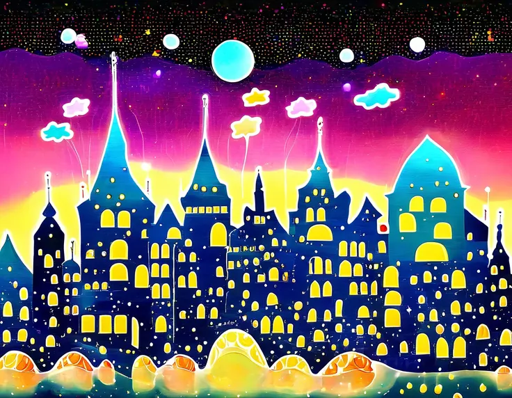 A surreal, dreamlike cityscape where the buildings are made of candy, and the stars are whimsical creatures floating in the sky.