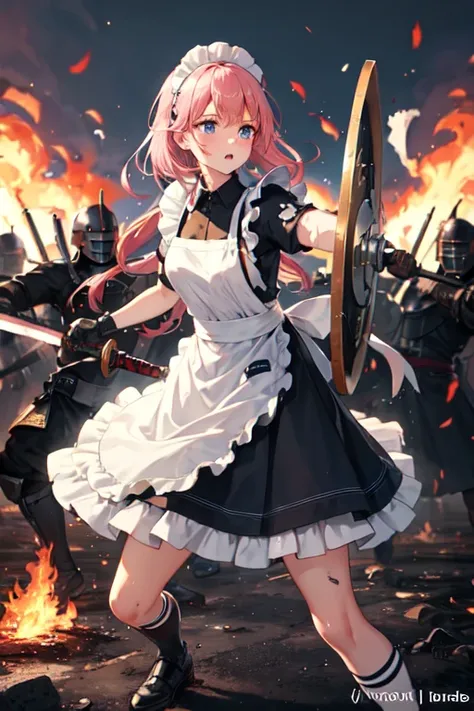 ((Highest quality)), ((masterpiece)), ((detailed)), One girl, cute, Pink Hair, Blue Eyes, 
Fighting with a sword and shield, (Classic maid outfit, White apron), 
The skirt is long, Burning Battlefield, Western sword, A strong enemy in front of me, (The clo...