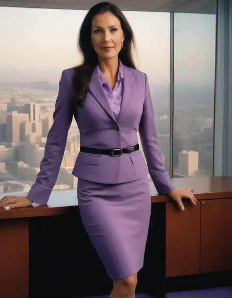 (masterpiece:1.37), best quality, (extremely detailed:1.37), office, window overlooking a bustling cityscape, woman, (mature:1.75), (very long hair:1.25), dark purple hair, purple eyes, (extremely detailed eyes:1.37) shining eyes, breasts, business suit, n...