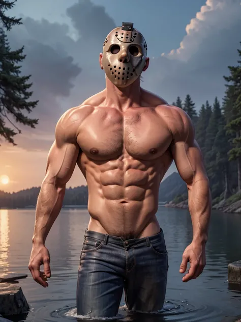 (masterpiece, 4K, ultra detailed), Jason Voorhees, single, masculine, lake, cartoony, realistic, no accessories, single Jasons white mask, shirtless, muscular, lean, eight-pack, naked, butt, back view