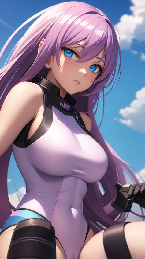 Create a hyper-realistic anime cartoon style 3D image of a beautiful girl with a toned fitness body, voluptuous and perfectly detailed blue eyes, bathed in the sun dressed as a violet astronaut, pink and sky blue, with all its equipment in a fantastic envi...