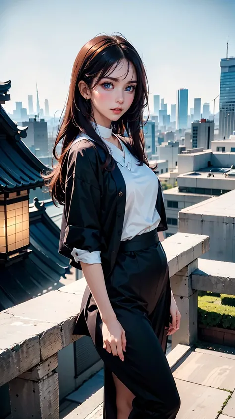 Arabian woman standing on top of a building overlooking the city, Ulzzang, Korean Girls, Portrait of a Japan teenager, Wearing long, loose clothing, 🤤 Portrait of a Girl, Chiho, Yoshitomo Nara, Blackpink&#39;s Joshi portrait, young asian girl, From 8k matt...