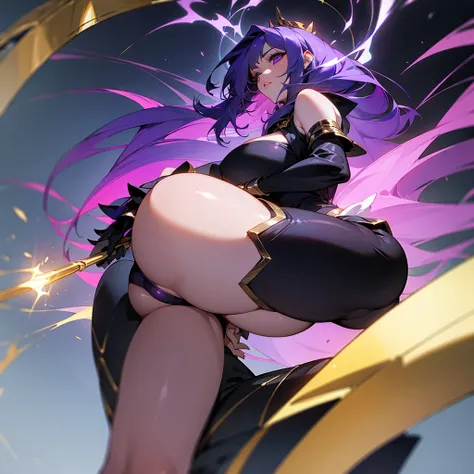 A goddess Perry with her having black clothes with some purple details and some gold details with lights around her with her having a huge ass and big giant thighs