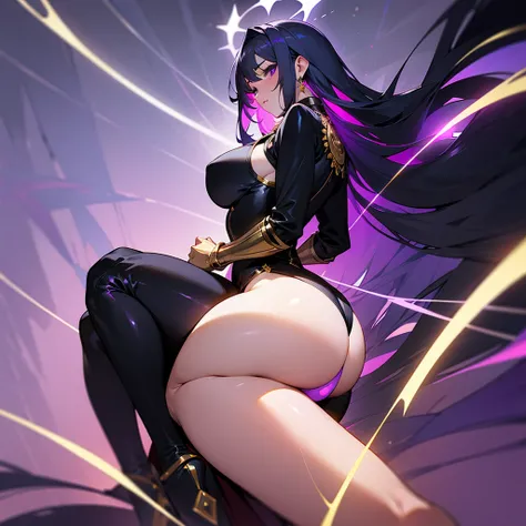 A goddess Perry with her having black clothes with some purple details and some gold details with lights around her with her having a huge ass and big giant thighs