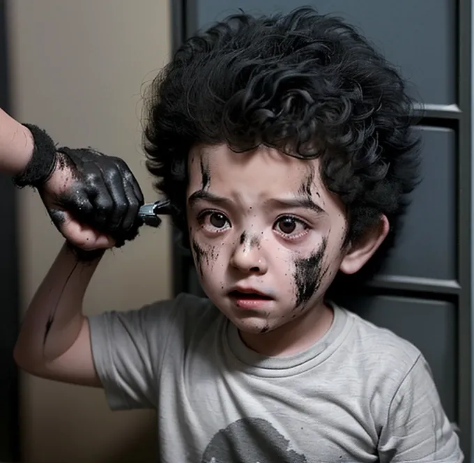 A little boy gets electrocuted in a comedy movie after touching an electrical outlet and ends up covered in soot and in rags