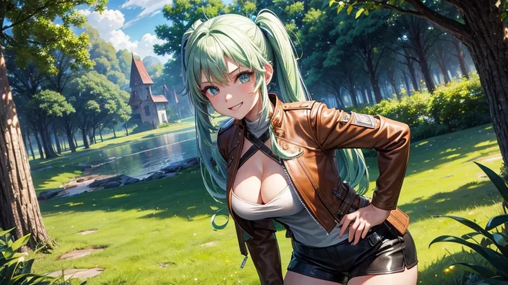 1girl, solo, full body, summer, village, trees, sun, clouds, fantasy, medieval, ((pale green hair)), twintail, huge breasts, ((brown leather jacket)), brown leather shorts, ((leather clothes)), cleavage 1:3, blue eyes, skirt, grin, looking at the viewer, s...